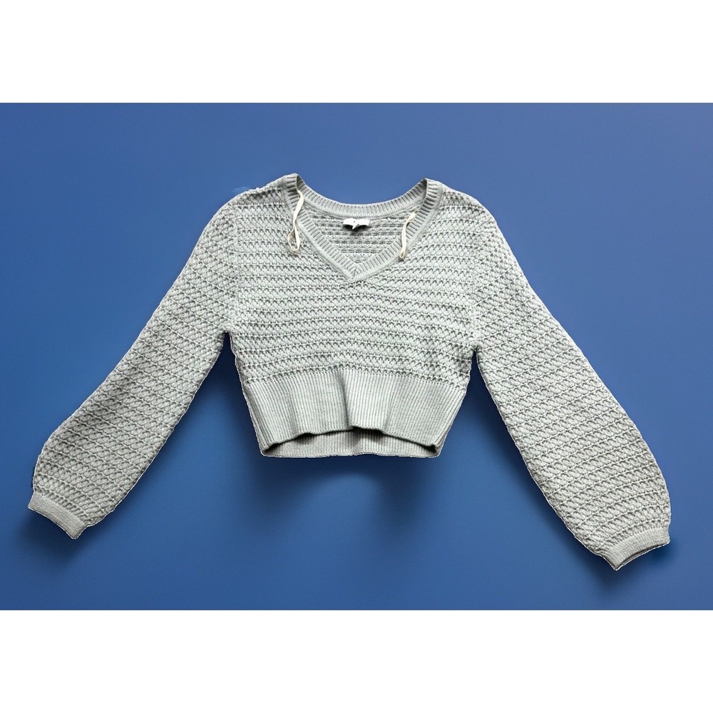 True Craft Women Sage Green Open Knit Cropped Long Sleeve Sweater Small